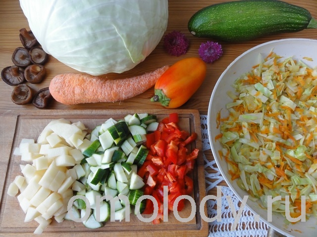 Овощное рагу с одуванчиком, морковью, капустой и цукини